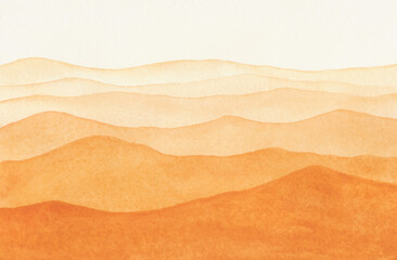 Avarel, texture, yellow-orange illustration of a panoramic view of the desert, hills, dunes. Drawn by hand. Landscape for design and decoration with place for text.