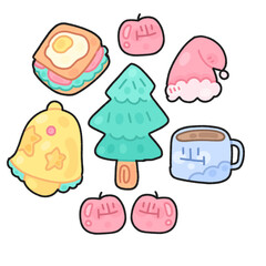 warm in the season , pine tree , breakfast , apple , hat , bell , cup , coffee , coffee cup