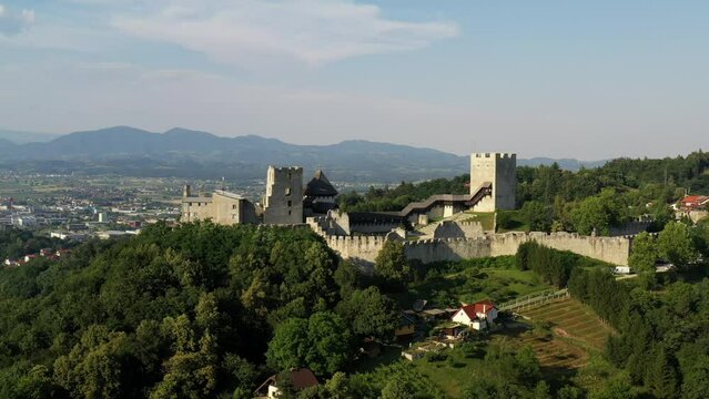 Celje Castle is a castle ruin in Celje, Slovenia, formerly the seat of the Counts of Celje. It stands on three hills to the southeast of Celje, where the river Savinja meanders into the Lasko valley