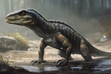 image of nature and walking dinosaurs. Generative AI 