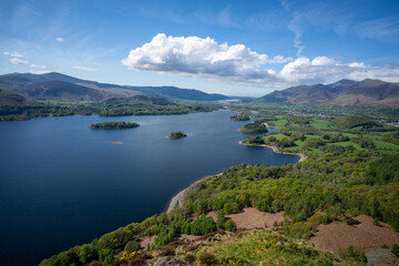 Views over Derwentwater from the family friendly hike up to Walla Crag in the Lake District, Cumbria, England