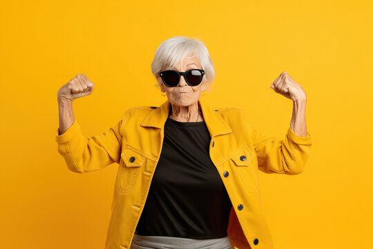 grandmother with sunglasses doing strong pose on a studio with yellow background