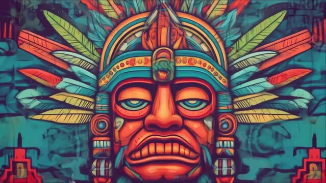 Tribal aztec graffiti live wallpaper. Indian mask of a deity decorated with feathers. VJ animation. Traditional Aztec pattern. AI generated.