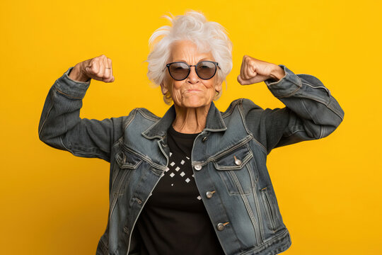 grandmother with sunglasses doing poses on a studio with yellow background
