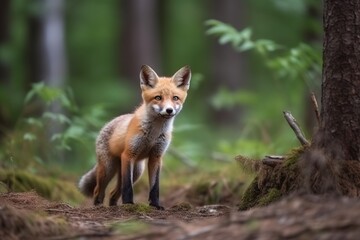 Naklejka na ściany i meble illustration, a young fox shot in a summer forest,generative ai