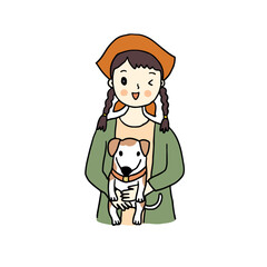 happy girl with little dog. Hand drawn style vector design illustrations.