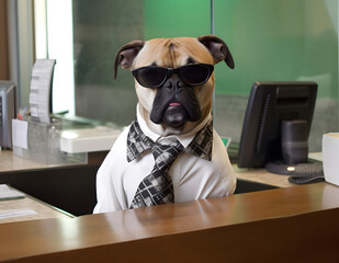 Pug dog working in office. Concept of pet officer, chairman, chief or boss. AI generated image