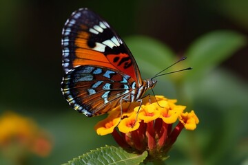 Fototapeta na wymiar Colorful Butterfly Perched on Vibrant Flower with Green Foliage Background