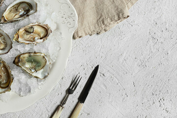 Plate with fresh opened oysters and cutlery on light table, top view with copy space