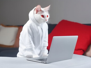 Cat with hoodie. Concept of hardworking pet. AI generated image