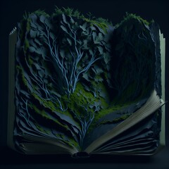 4D moody photograph of plants and moss growing out of an open book. Intricate detail, pre-historic plants