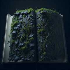 4D  photograph of plants and moss growing out of an open book. Intricate detail, pre-historic plants