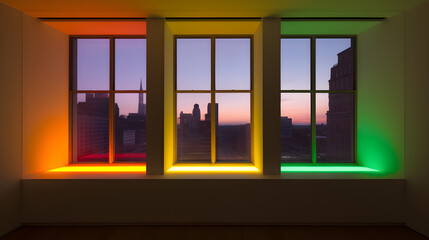 Windows with colorful lighting. Modern interior design. AI generated image.