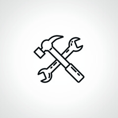 Hammer and wrench line icon. Repair crossed tool linear icon.