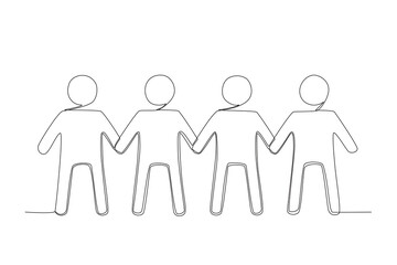 Four humans holding hands. World population one-line drawing