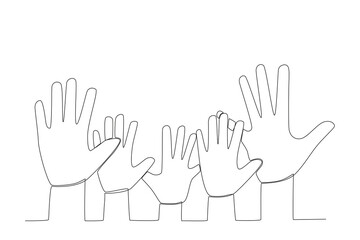 Hands raised a population day concept. World population one-line drawing