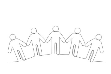 Five people stand hand in hand. World population one-line drawing
