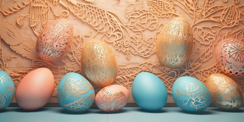 easter colorful golden eggs with rabbit, generative AI - obrazy, fototapety, plakaty