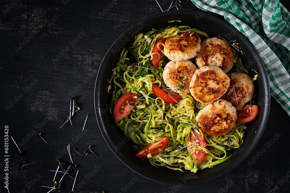 Wall mural Zucchini spaghetti pasta  with chicken meatballs in pan. Top view. Flat lay