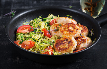 Zucchini spaghetti pasta  with chicken meatballs in pan.