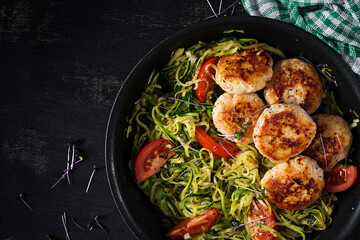 Zucchini spaghetti pasta  with chicken meatballs in pan. Top view. Flat lay