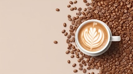 Fototapeta premium Draufsicht auf eine Tasse Milchkaffee mit schönem Milchschaum auf hellbraunem Hintergrund mit Kaffeebohnen mit Platz für Text