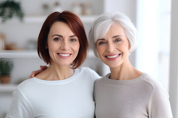 Two beautiful women, one middle aged 50 years, with gray hair and the other dark haired, closeup portrait, generative AI.