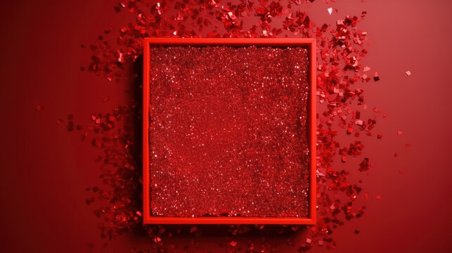 Red glitter square photo with white copy space for text. Generative ai