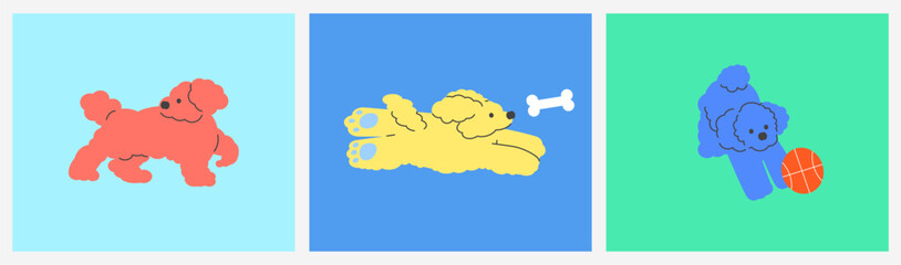 Cute dog illustration set. Puppy doing various actions on a white background. ball and pet.