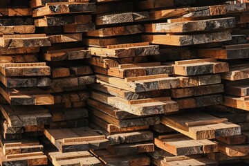 Wooden planks heap as background. Air-drying timber stack. Wood outdoors warehouse. Pile of wooden boards in sawmill, planking,  sawing boards. Wooden blank construction material. Lumber Industry.