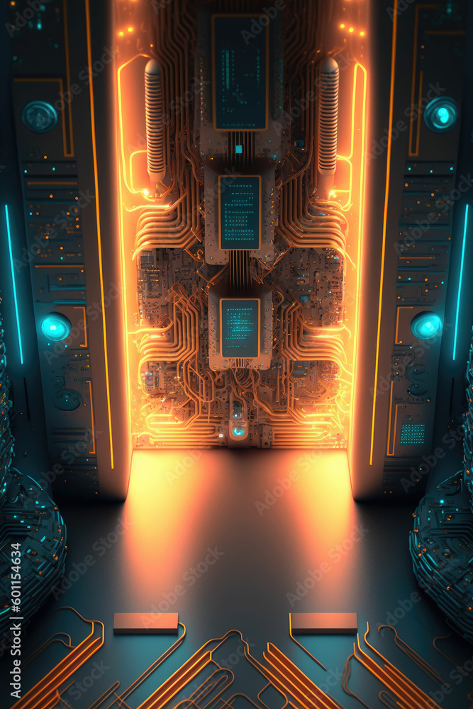 Poster macro abstract electronic circuits, bright neon lights ,made with generative ai