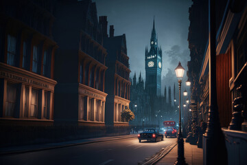 Fototapeta na wymiar Old European city street landscape, night city in the rain painting, historical cityscape, London street of 19th century ,made with Generative AI