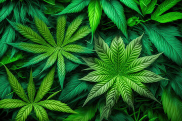 Naklejka na ściany i meble close-up shot of many marijuana leaves overlapping each other, creating a vibrant and lush green background ,made with Generative AI