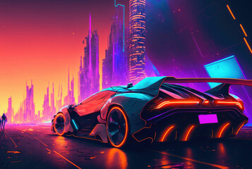 Obraz na płótnie Canvas Supersport car parked on the street at cyberpunk city illuminated with neon light ,made with Generative AI