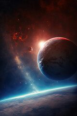 Obraz na płótnie Canvas Sunrise over and frozen alien planet in space, fantasy world