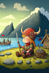 Obraz na płótnie Canvas Cute Viking warrior with horns ,cartoon style, made with Generative AI
