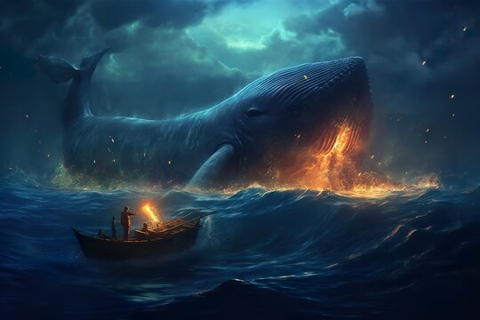 Paisaje marino de barca avistando una ballena gigante al frente en el océano.