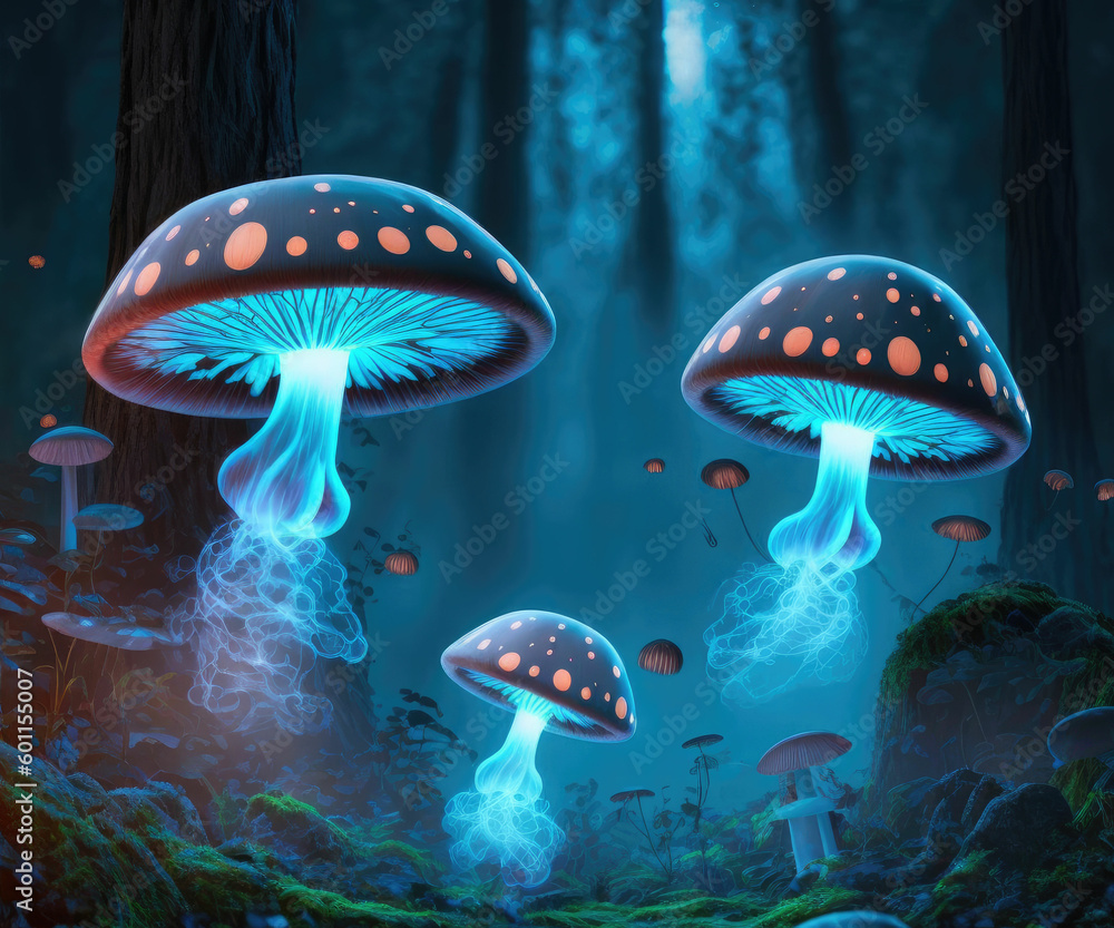 Aufkleber glowing mushroom with fireflies in the magic forest ,made with generative ai