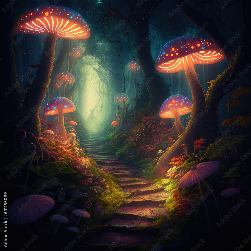 Poster glowing mushroom with fireflies in the magic forest ,made with generative ai