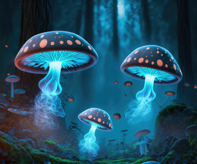 Fototapeta na wymiar Glowing mushroom with fireflies in the magic forest ,made with Generative AI