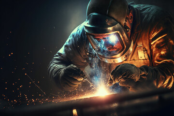 Fototapeta Welder is welding metal , industry them bokeh and sparkle background ,made with Generative AI obraz