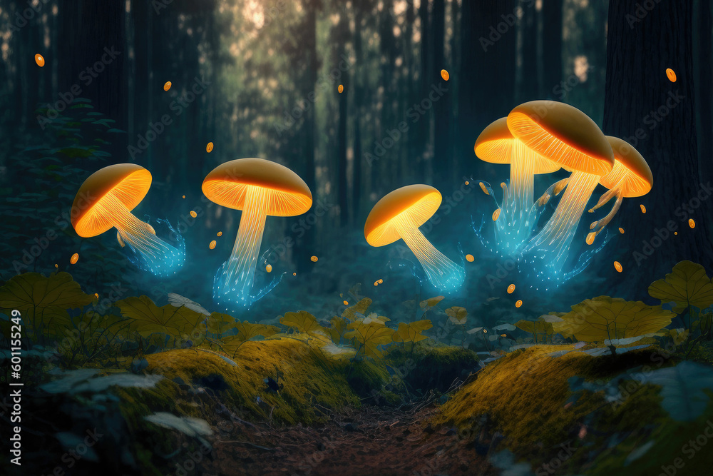Aufkleber glowing mushroom with fireflies in the magic forest ,made with generative ai
