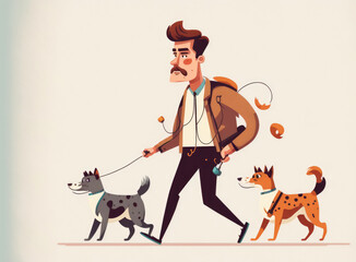 Man walking dogs in the city, multitasking concept ,made with Generative AI