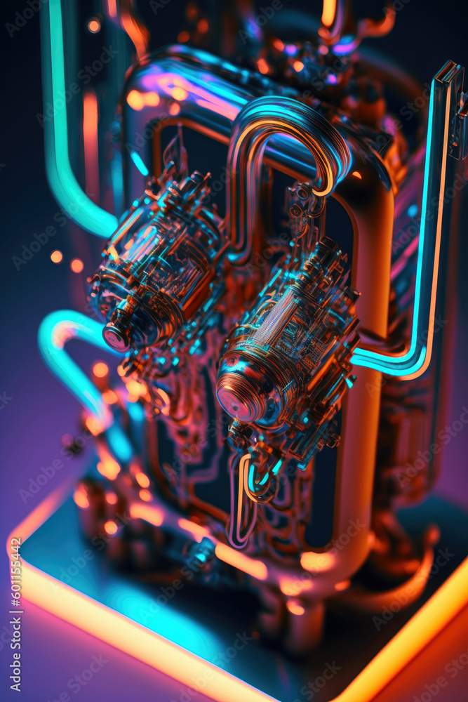 Poster macro abstract electronic circuits, bright neon lights ,made with generative ai