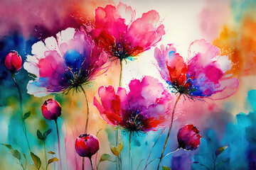 Flower meadow in spring, watercolor flowers ,made with Generative AI