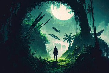 Naklejka na ściany i meble Exotic alien world, tropical night forest is like a fairytale wonderland ,made with Generative AI