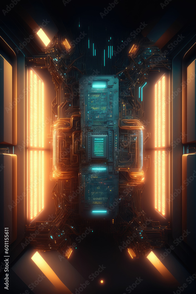 Poster macro abstract electronic circuits, bright neon lights ,made with generative ai