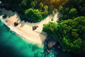 Sea waves pounding on a sandy beach, aerial view with jungle forest ,made with Generative AI