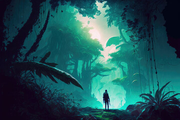 Fototapeta na wymiar Exotic alien world, tropical night forest is like a fairytale wonderland ,made with Generative AI
