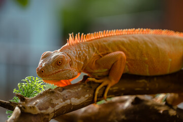 The iguana, also known as the American iguana, is a large, arboreal, mostly herbivorous lizard species of the genus Iguana. It's from Central America, South America, taken at close range. with blurry 